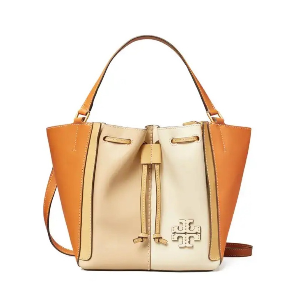 Tory Burch McGraw Colorblock Leather Satchel Drawstring Bag Tan Cream Crossbody